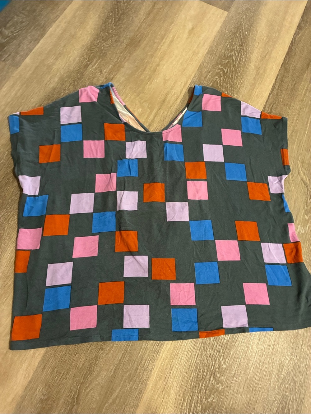 Ava Sky (Fighting Eel) Geometric Boxy Top in Charcoal with Pink, Blue & Orange